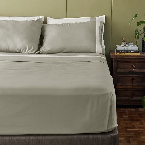 Juego de Sábanas con Bambú Arena Franja Blanca